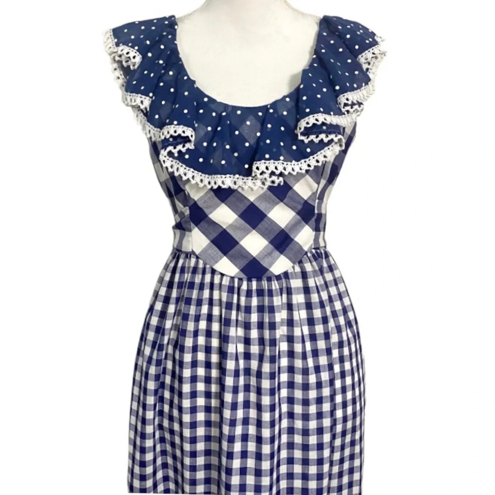 Vintage 70s Blue Gingham Maxi Dress White Checkered Prairie Dress Plaid Long - Picture 6 of 14